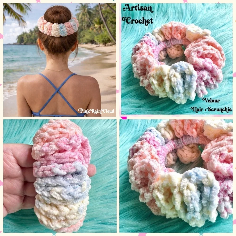 Handmade Crochet VELVET Pastel Beach Sunset Hair Scrunchie PinkRainCloud